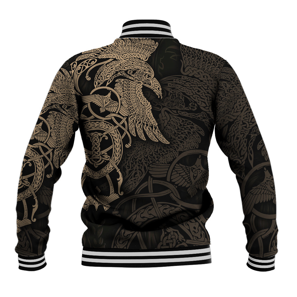 Black baseball jacket back with large gold raven motif, ribbed striped collar and hem