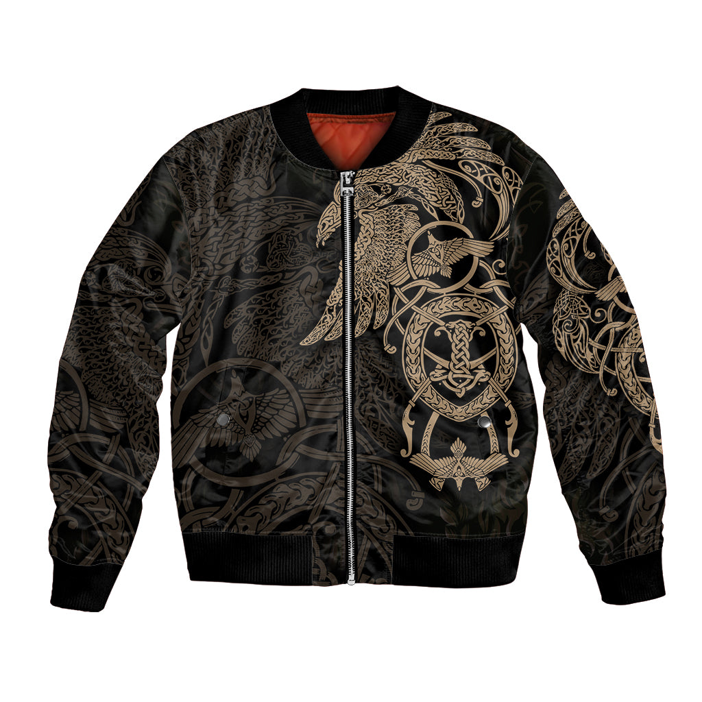 Unisex black bomber jacket with front zipper and gold Viking raven graphic