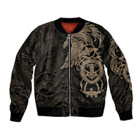 Unisex black bomber jacket with front zipper and gold Viking raven graphic