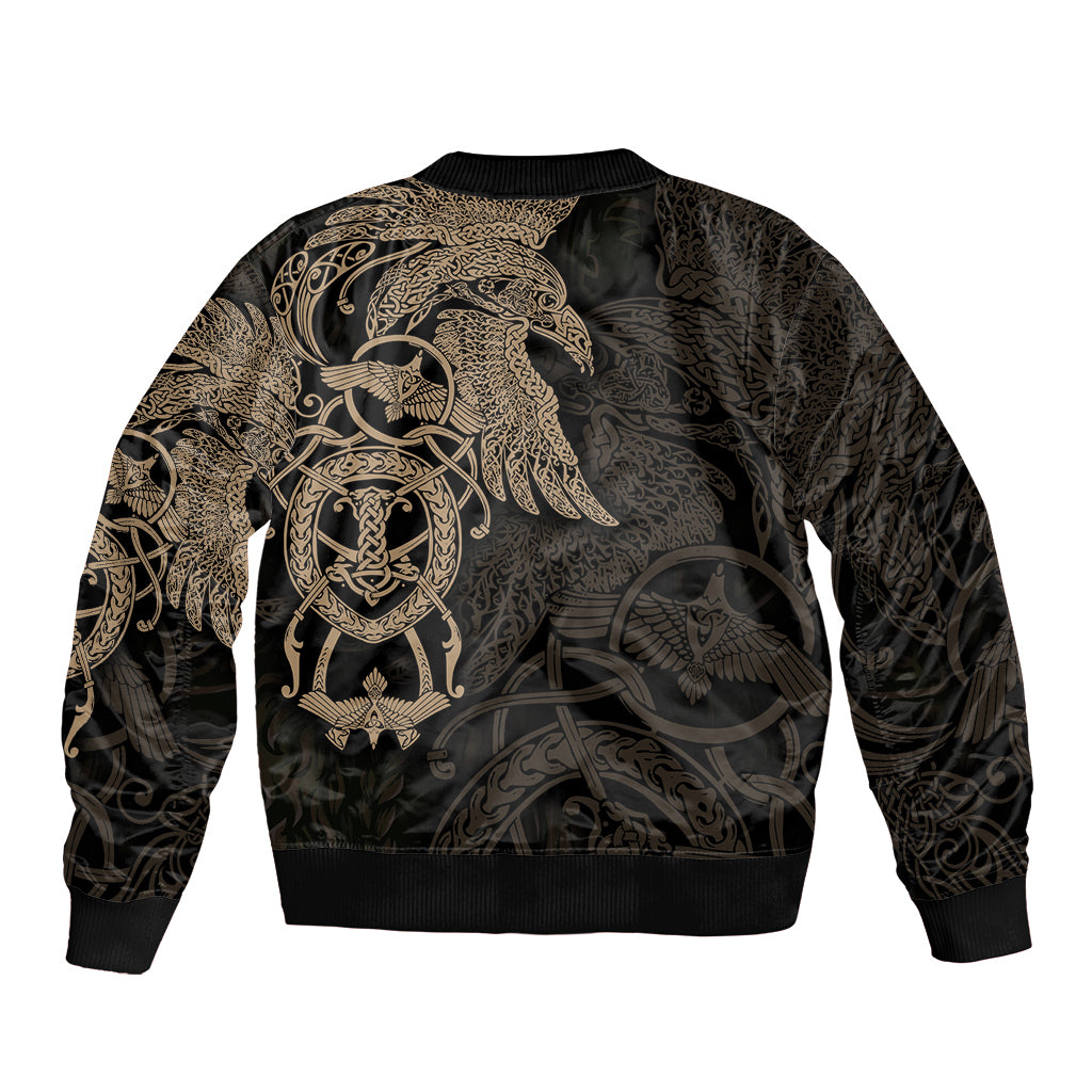 Unisex black bomber jacket with back Viking raven and ornate gold design