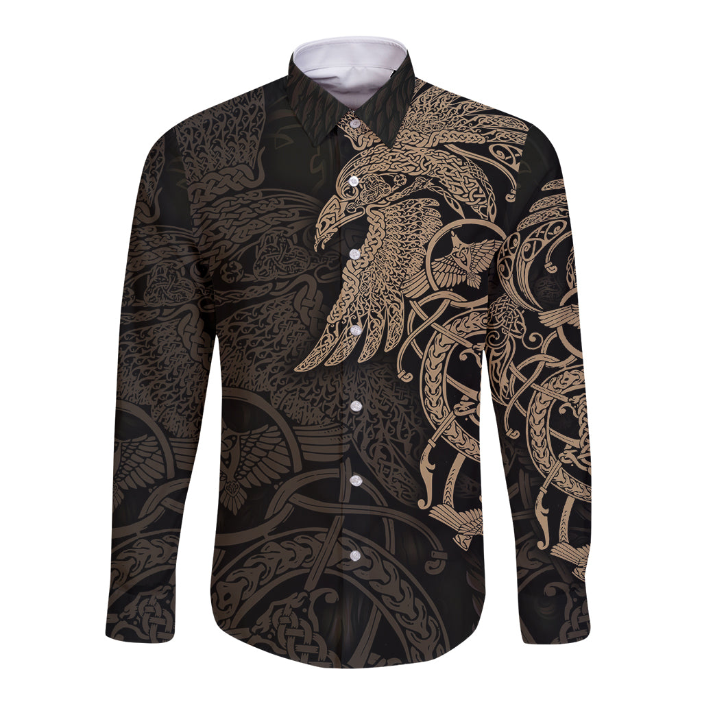 Black long-sleeve button shirt with gold raven and Viking pattern, front view