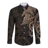Black long-sleeve button shirt with gold raven and Viking pattern, front view