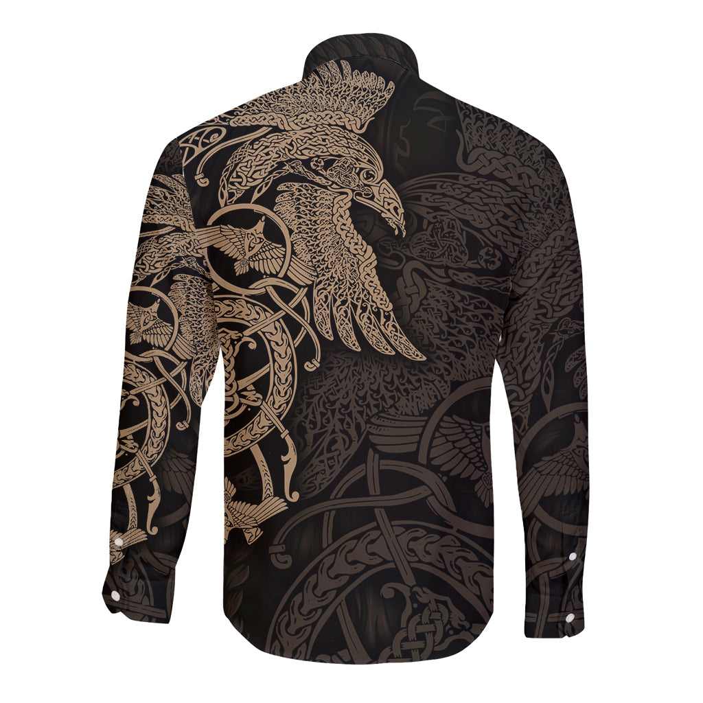 Black long-sleeve button shirt with gold raven and Viking pattern, back view