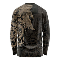 Black long-sleeve shirt with gold raven motif and Viking knot pattern, back view