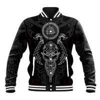 Black baseball jacket with front button placket and Viking skull emblem, ribbed striped cuffs