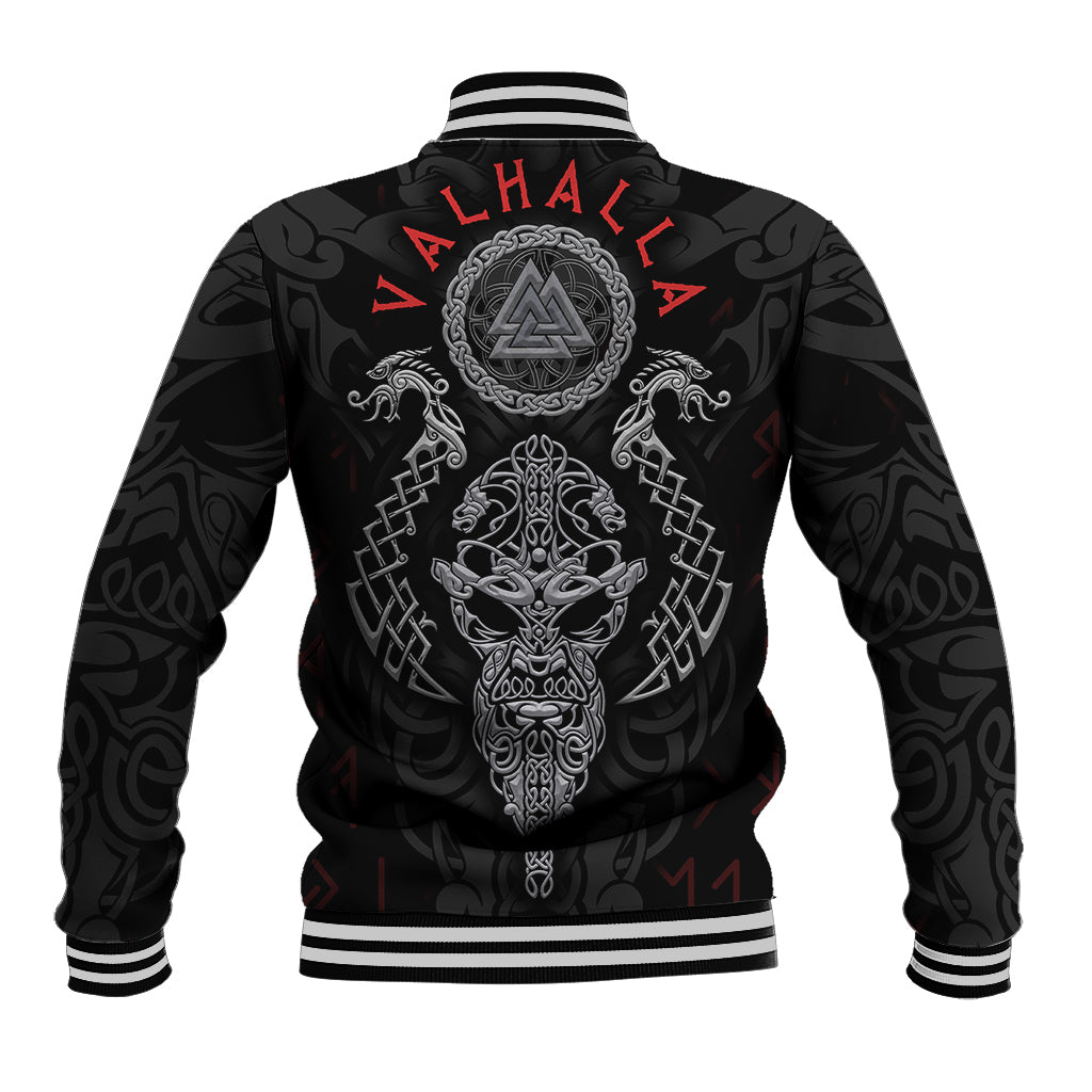 Black varsity baseball jacket with red Valhalla back graphic, ribbed collar and cuffs