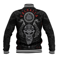 Black varsity baseball jacket with red Valhalla back graphic, ribbed collar and cuffs