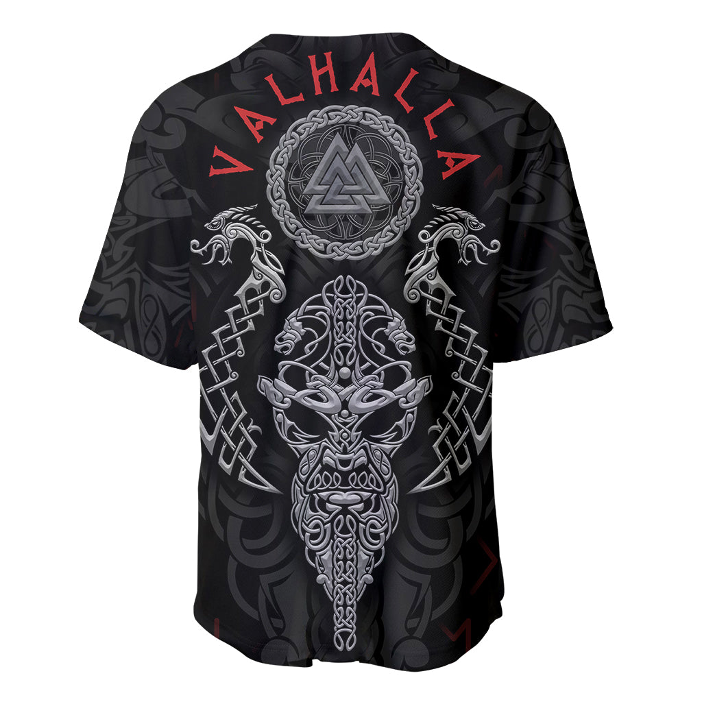 Black baseball jersey with large Viking emblem, sword-and-dragon print, short sleeves