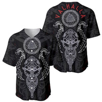Black baseball jersey set: front and back views, Viking crest and drakkar graphic, short sleeves