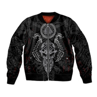 Black bomber jacket front, zip-up with Viking sword emblem and red runes