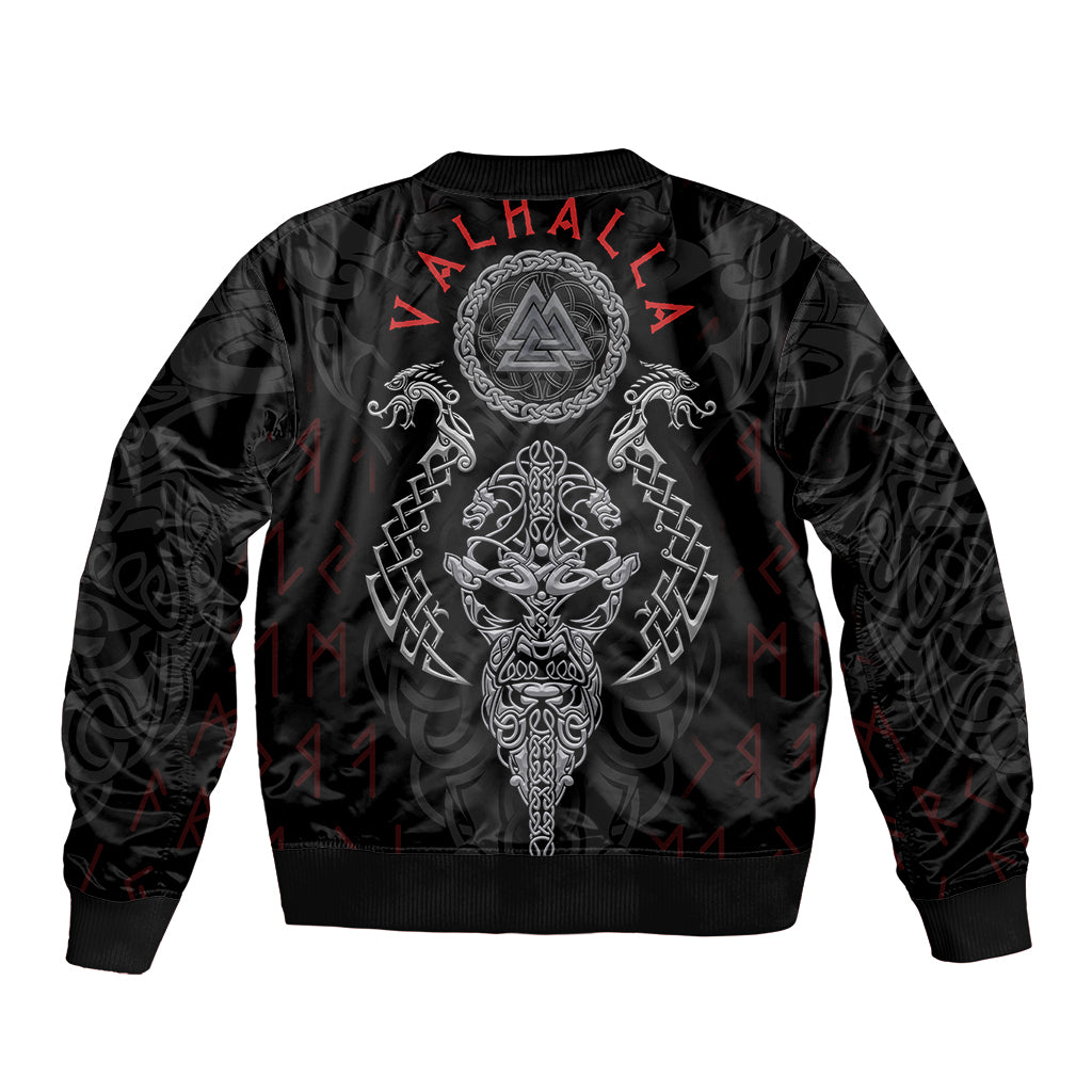 Black bomber jacket, back Viking sword-and-shield emblem with red runes