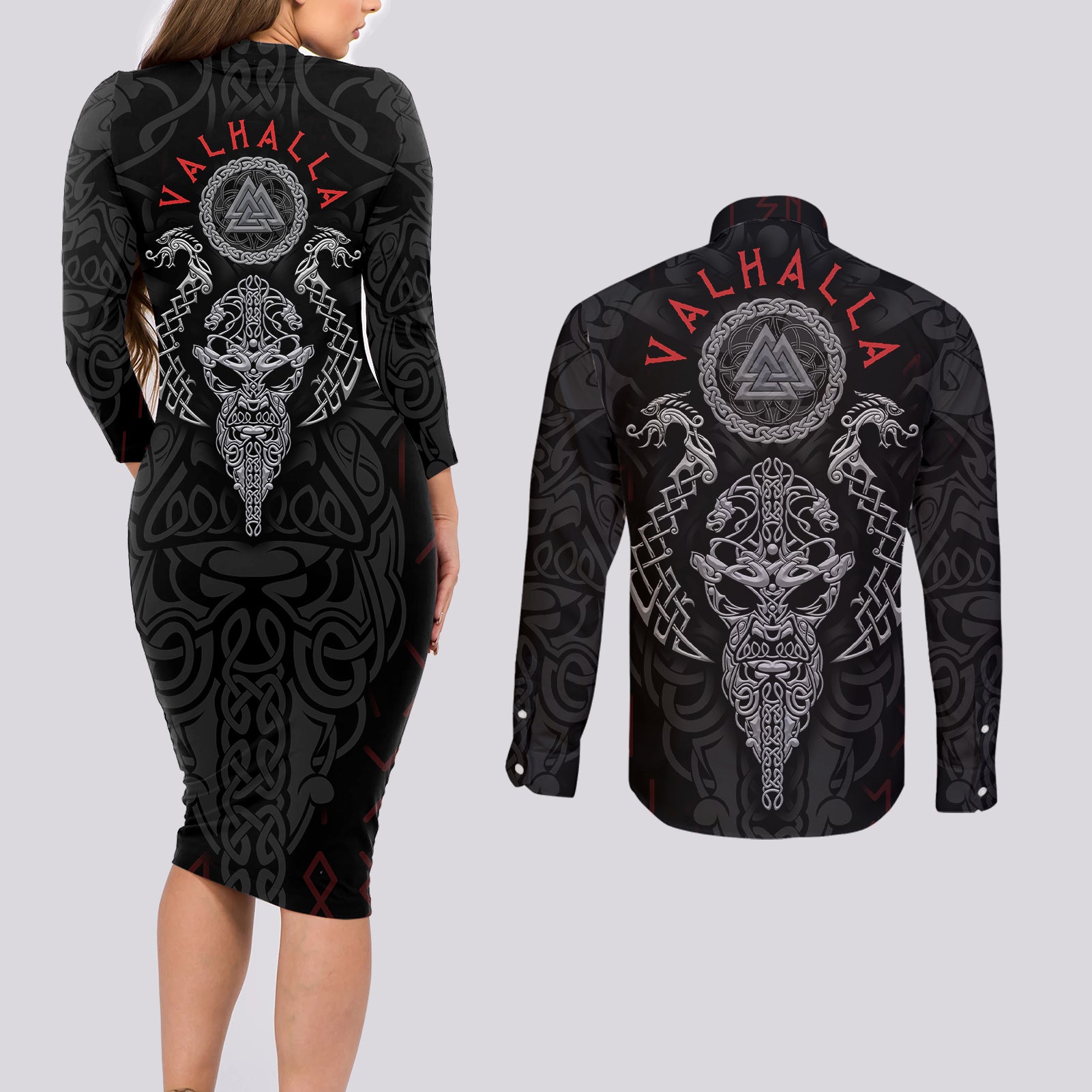 Viking Valhalla Couples Matching Long Sleeve Bodycon Dress and Long Sleeve Button Shirts Odin and Drakkar Pattern - Wonder Print Shop