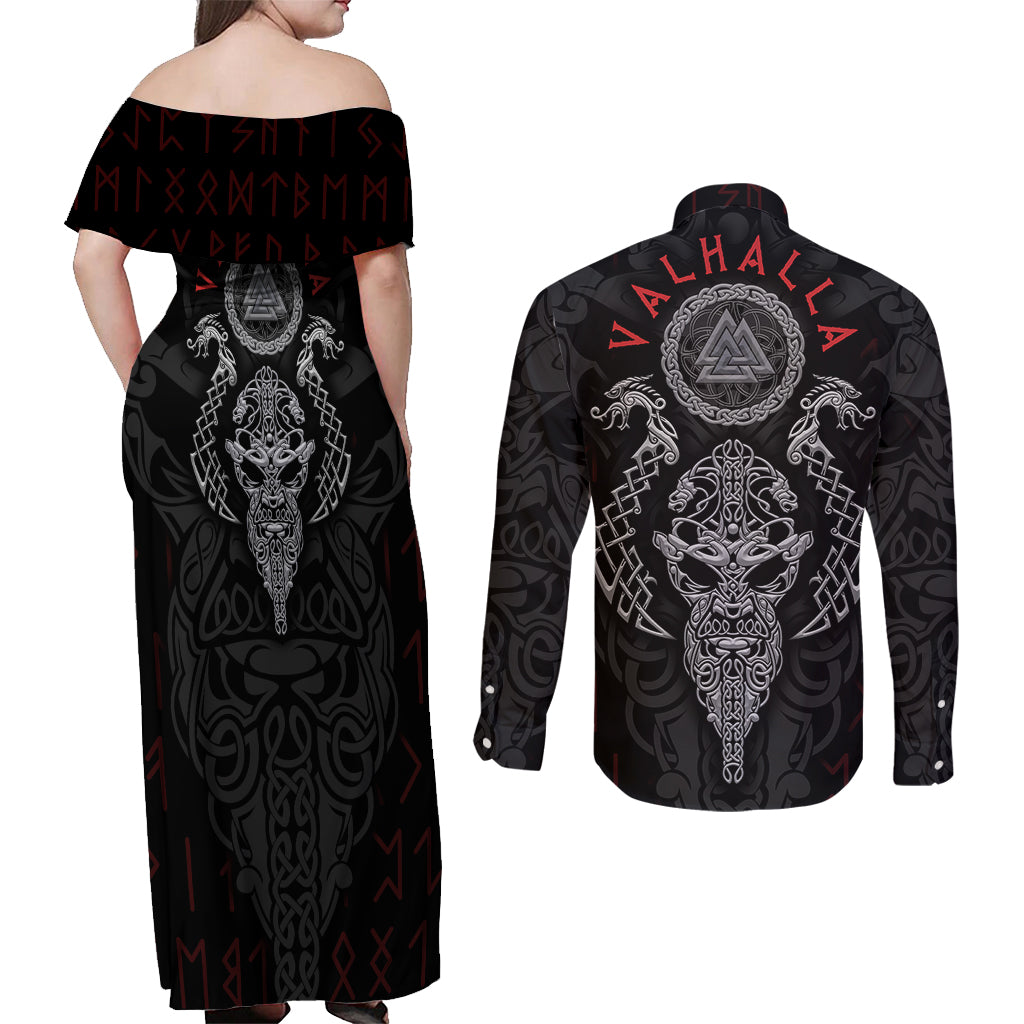 Viking Valhalla Couples Matching Off Shoulder Maxi Dress and Long Sleeve Button Shirts Odin and Drakkar Pattern - Wonder Print Shop