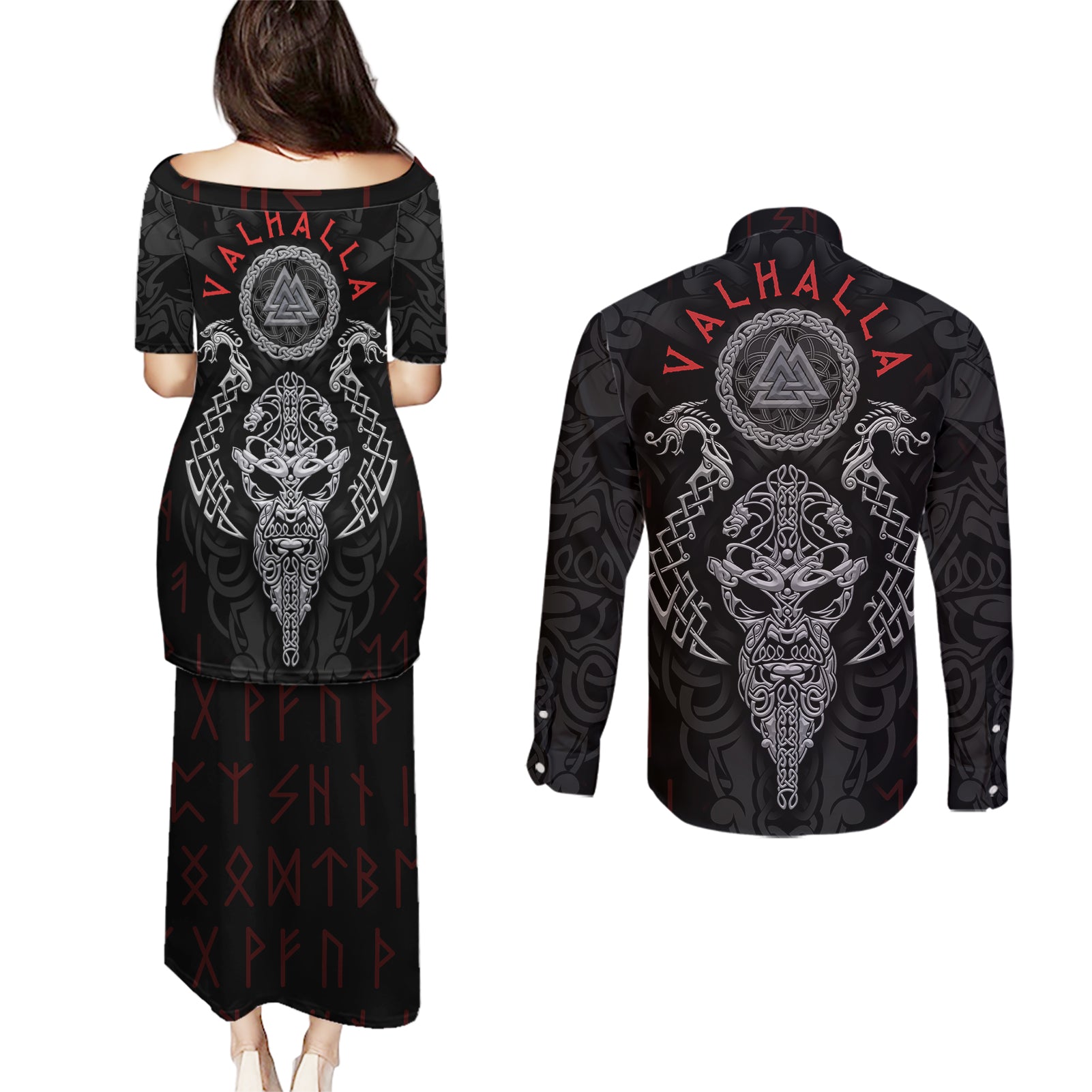 Viking Valhalla Couples Matching Puletasi Dress and Long Sleeve Button Shirts Odin and Drakkar Pattern - Wonder Print Shop