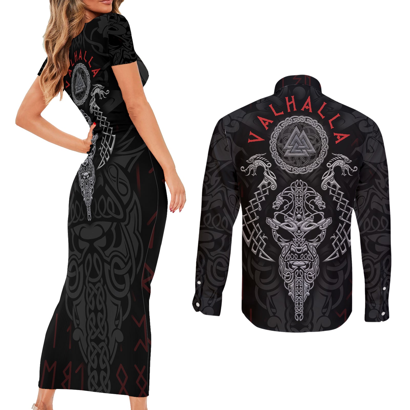 Viking Valhalla Couples Matching Short Sleeve Bodycon Dress and Long Sleeve Button Shirts Odin and Drakkar Pattern - Wonder Print Shop