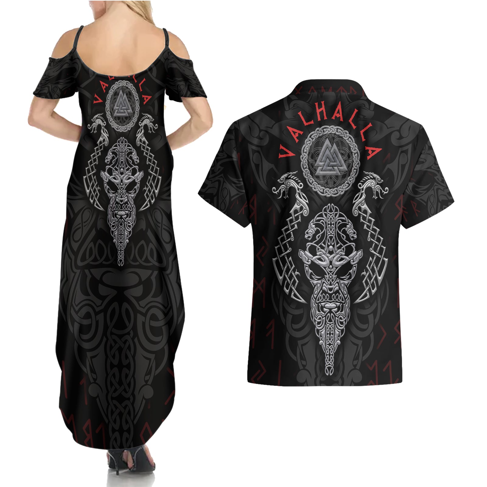 Viking Valhalla Couples Matching Summer Maxi Dress and Hawaiian Shirt Odin and Drakkar Pattern - Wonder Print Shop