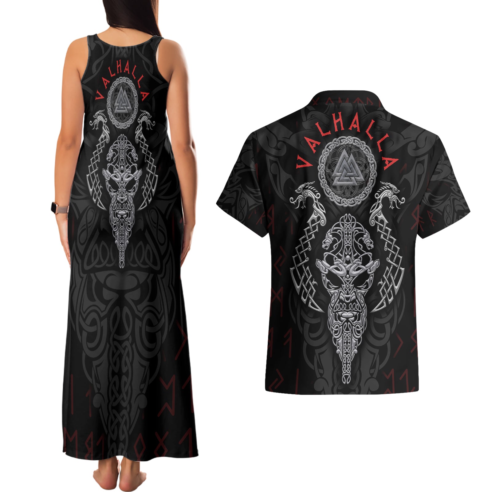 Viking Valhalla Couples Matching Tank Maxi Dress and Hawaiian Shirt Odin and Drakkar Pattern - Wonder Print Shop