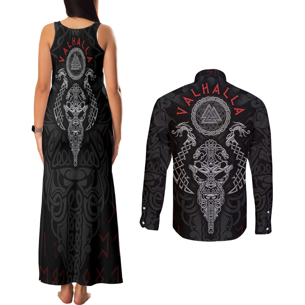 Viking Valhalla Couples Matching Tank Maxi Dress and Long Sleeve Button Shirts Odin and Drakkar Pattern - Wonder Print Shop