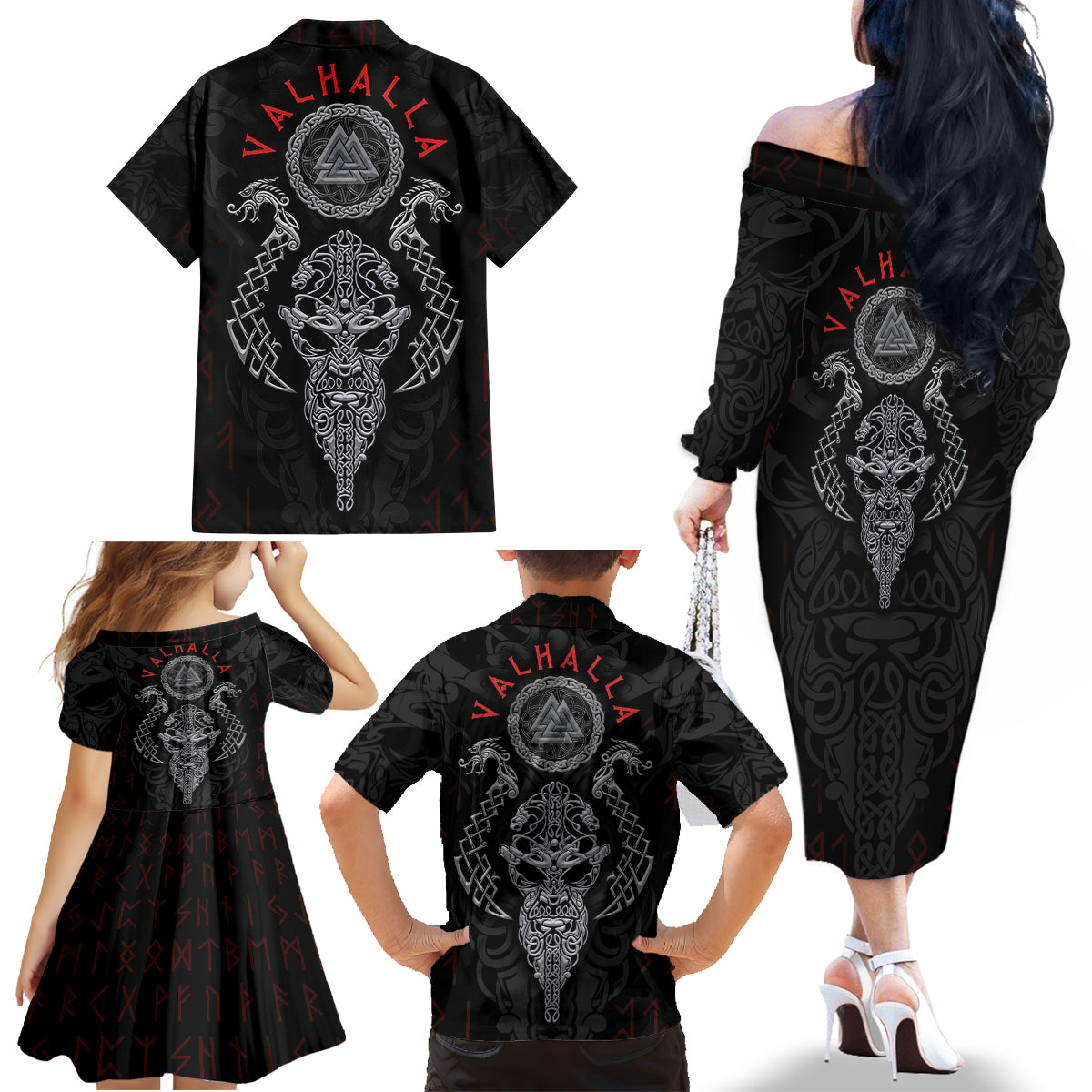 Viking Valhalla Family Matching Off Shoulder Long Sleeve Dress and Hawaiian Shirt Odin and Drakkar Pattern - Wonder Print Shop