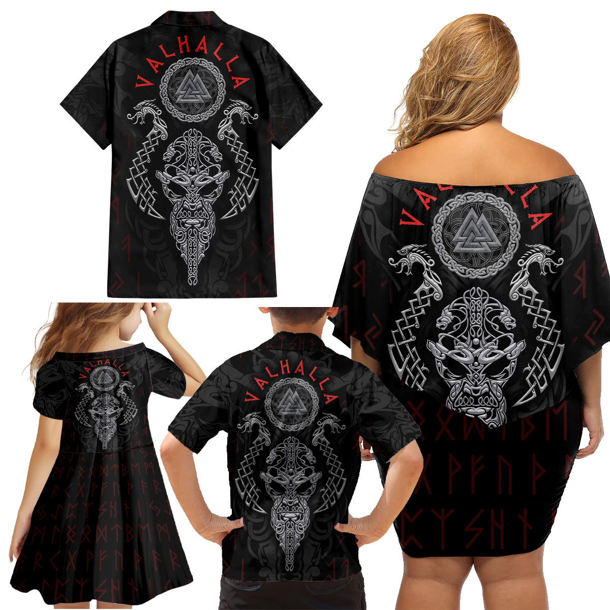 Viking Valhalla Family Matching Off Shoulder Short Dress and Hawaiian Shirt Odin and Drakkar Pattern - Wonder Print Shop