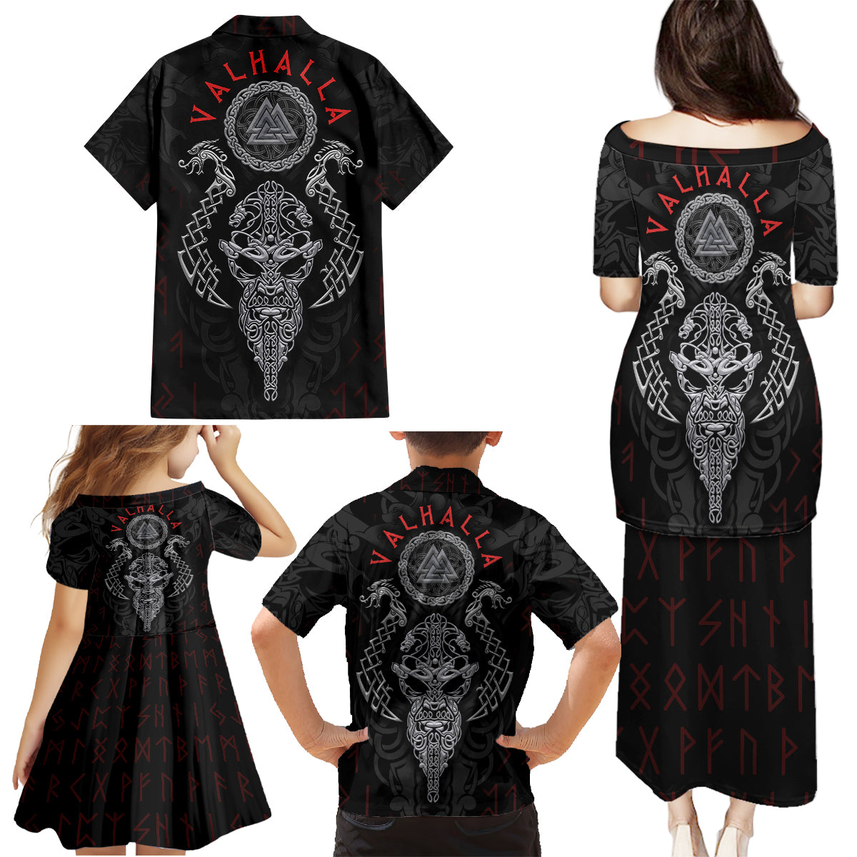 Viking Valhalla Family Matching Puletasi Dress and Hawaiian Shirt Odin and Drakkar Pattern - Wonder Print Shop