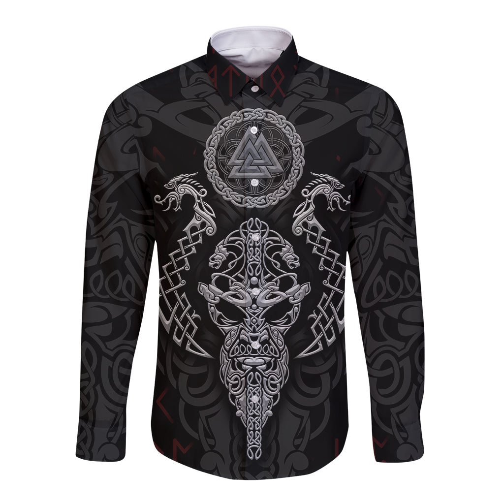 Black long-sleeve button shirt with large silver crest and central Viking helmet graphic