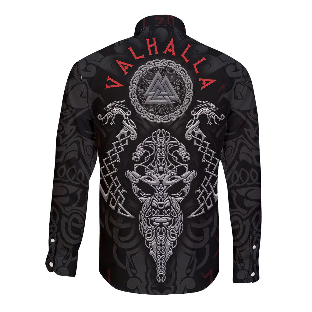 Black long-sleeve button shirt with Viking back graphic, red runes and silver crest