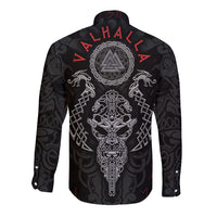 Black long-sleeve button shirt with Viking back graphic, red runes and silver crest