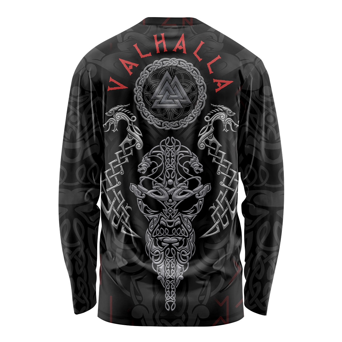 Unisex black long-sleeve shirt with Viking-style back emblem and rune pattern