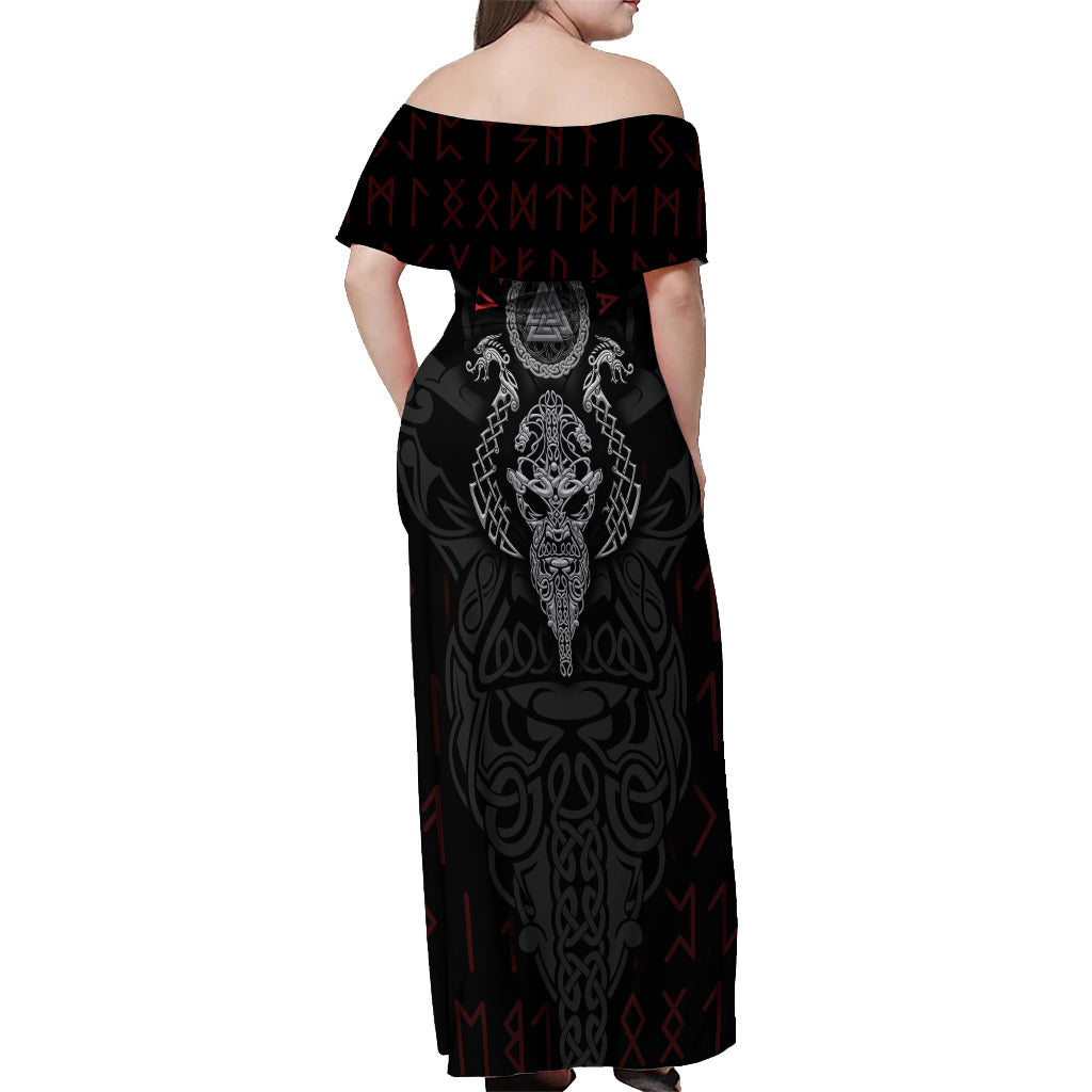 Viking Valhalla Off Shoulder Maxi Dress Odin and Drakkar Pattern - Wonder Print Shop