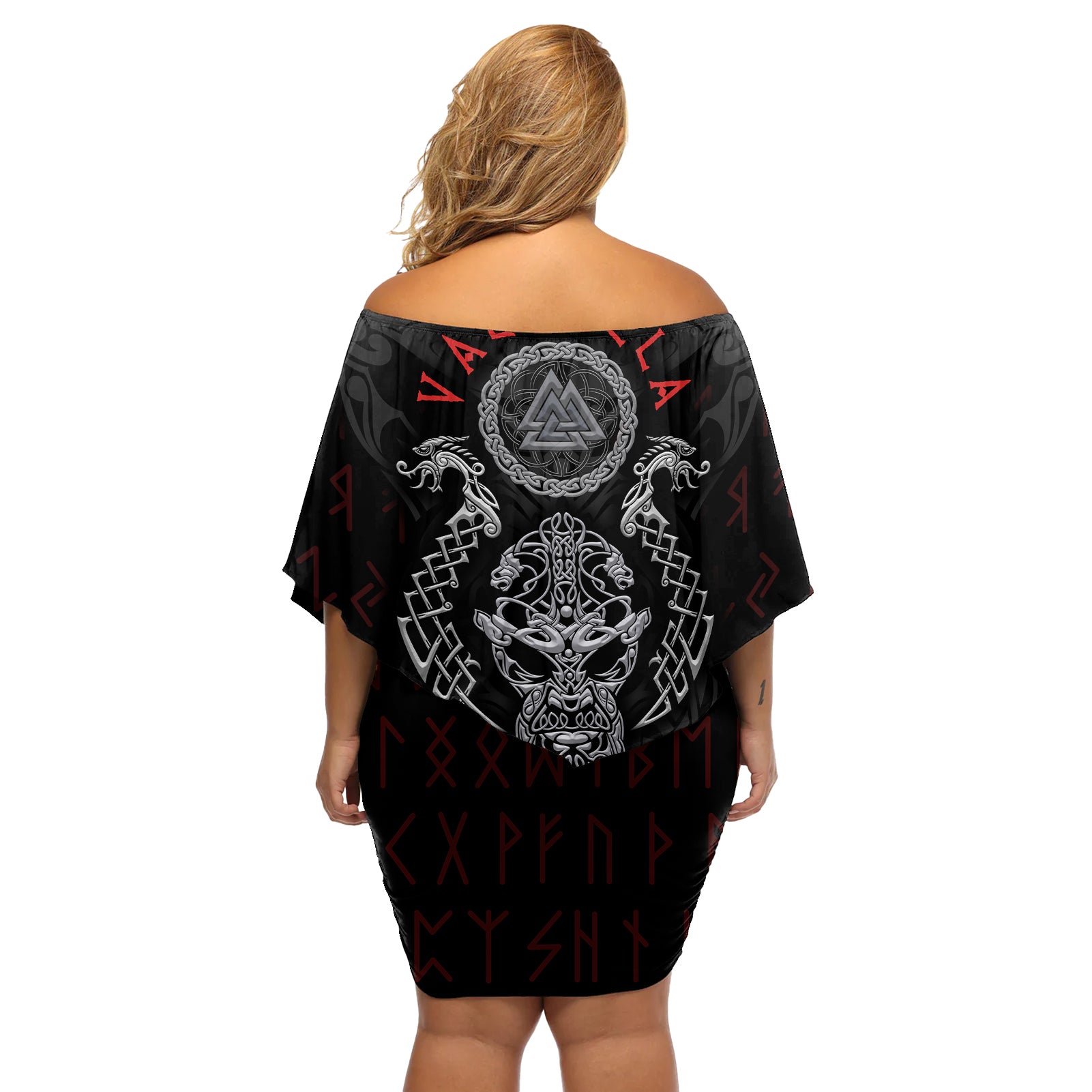 Viking Valhalla Off Shoulder Short Dress Odin and Drakkar Pattern - Wonder Print Shop