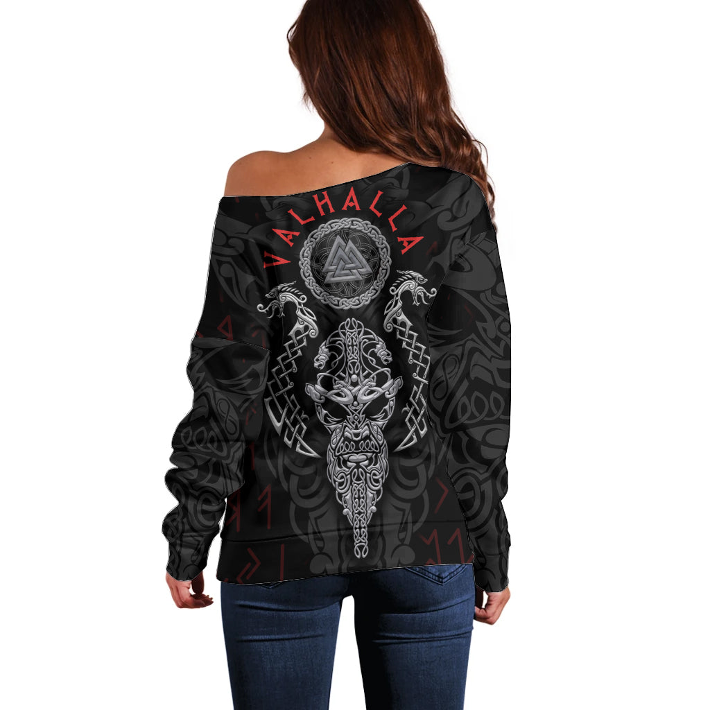 Viking Valhalla Off Shoulder Sweater Odin and Drakkar Pattern - Wonder Print Shop