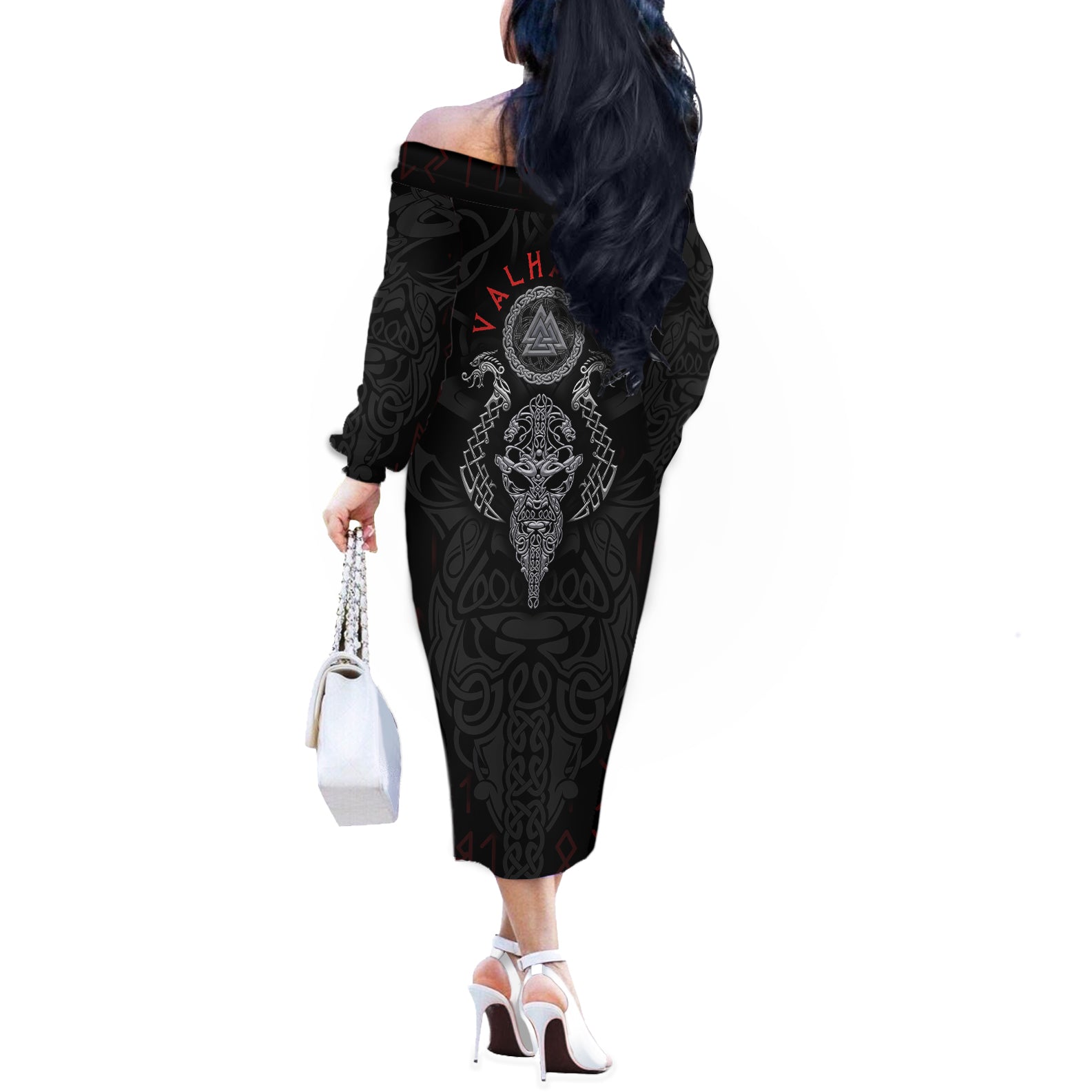 Viking Valhalla Off The Shoulder Long Sleeve Dress Odin and Drakkar Pattern - Wonder Print Shop