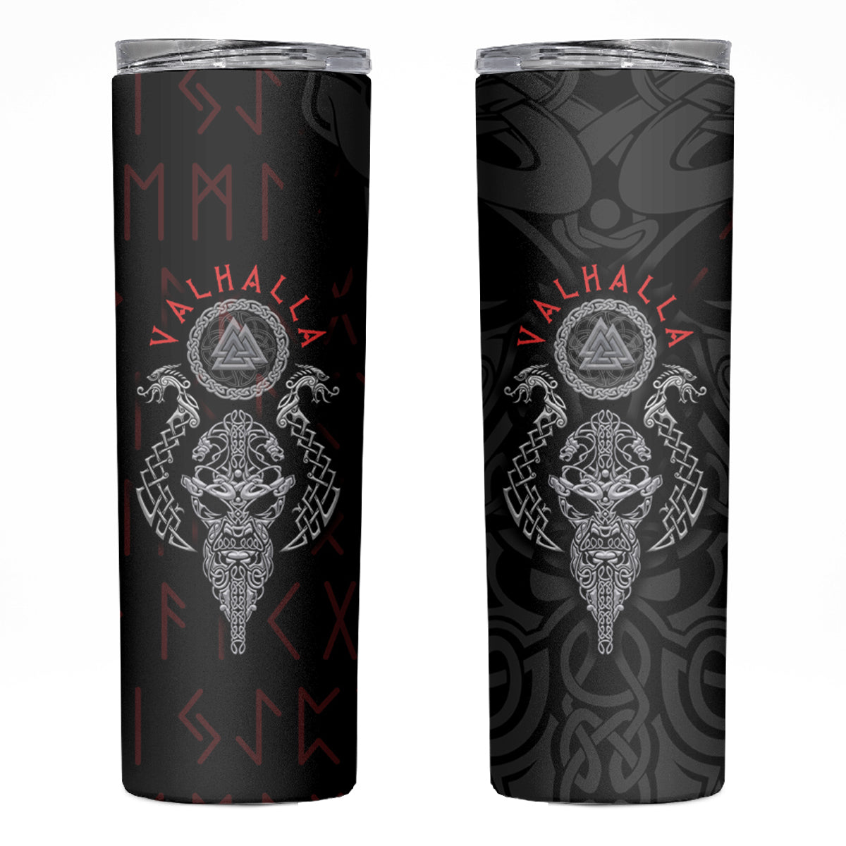 Viking Valhalla Skinny Tumbler Odin and Drakkar Pattern