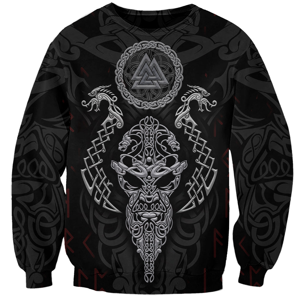 Black unisex crewneck sweatshirt with circular Viking emblem and dragon graphic, long sleeves