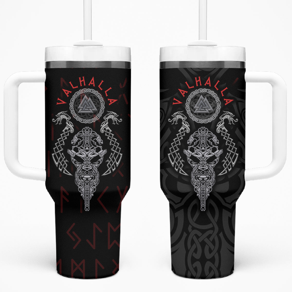 Viking Valhalla Tumbler With Handle Odin and Drakkar Pattern