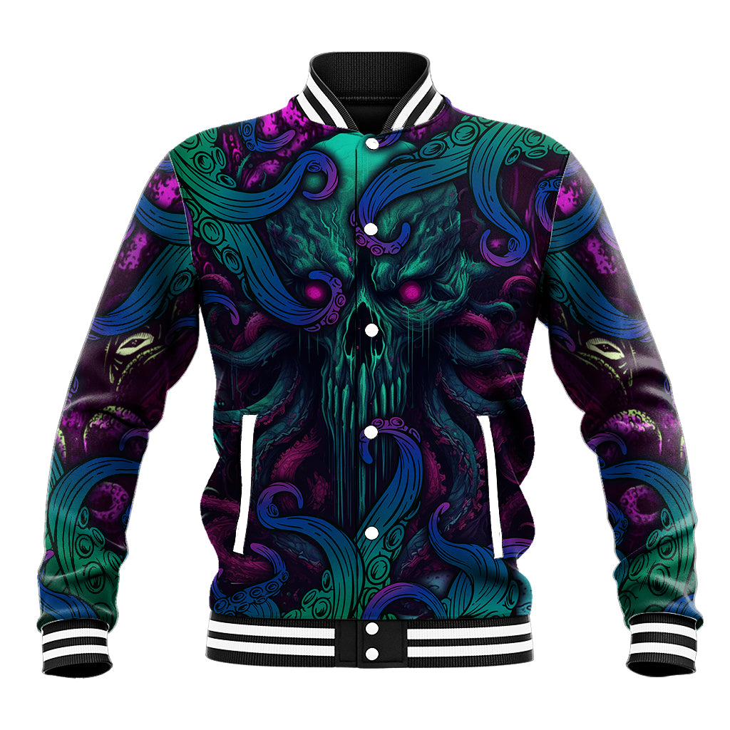 Multicolor baseball jacket with octopus skull front, button placket, ribbed striped collar