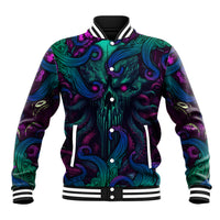 Multicolor baseball jacket with octopus skull front, button placket, ribbed striped collar