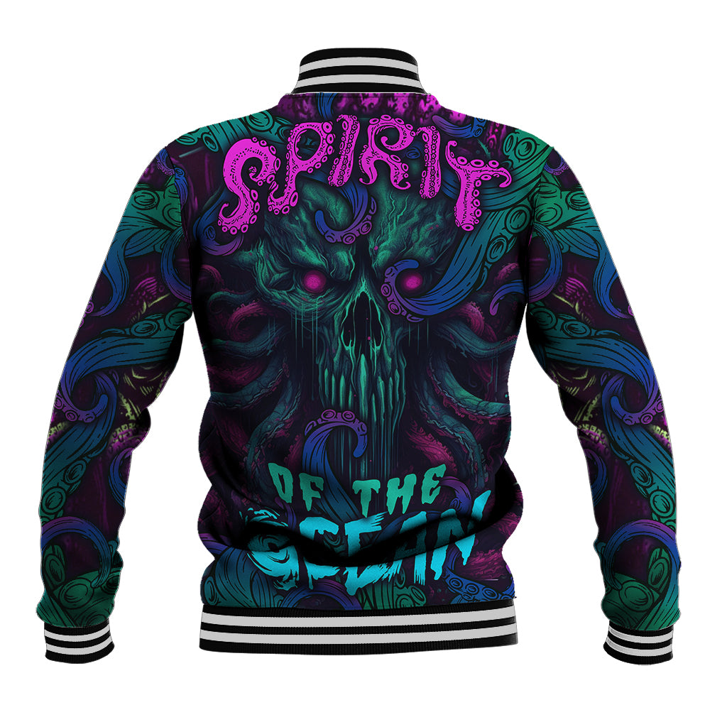 Multicolor baseball jacket with octopus and skull graphic, ribbed striped collar and cuffs