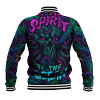 Multicolor baseball jacket with octopus and skull graphic, ribbed striped collar and cuffs