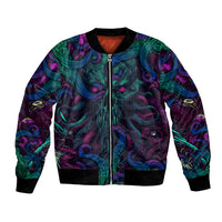 Multicolor bomber jacket with front zipper and ocean octopus swirl graphic, ribbed hem