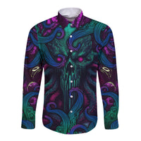 Unisex long-sleeve button-up shirt with purple and teal ocean skull front graphic