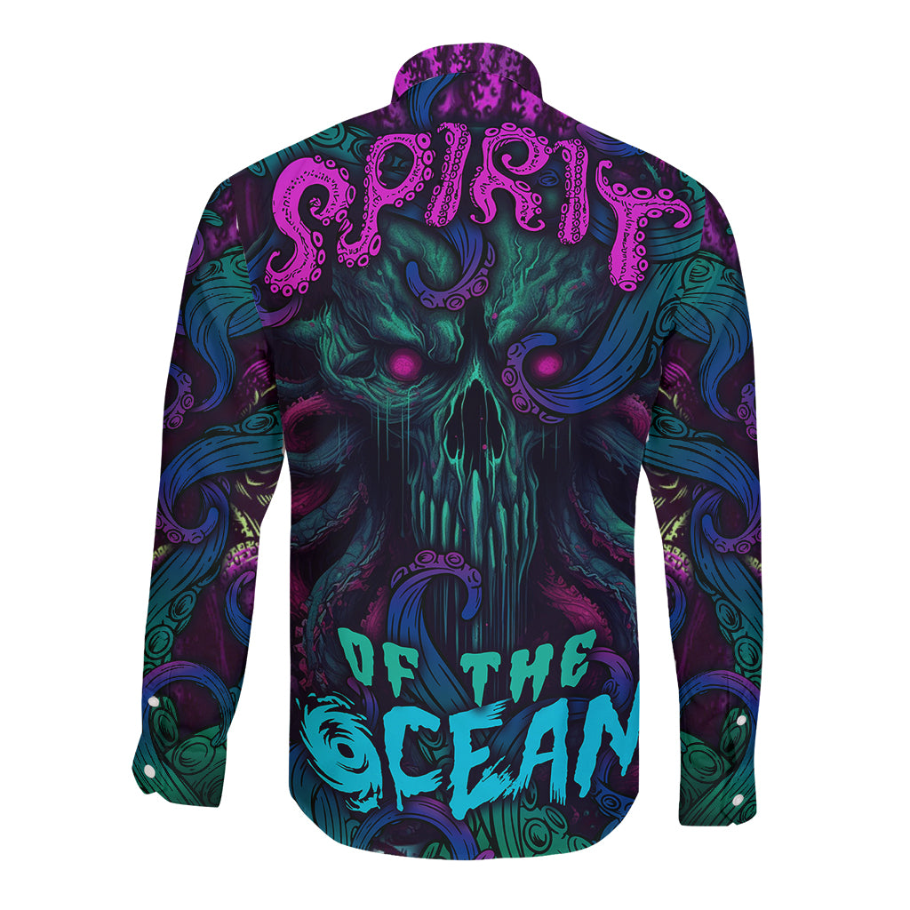 Unisex long-sleeve button-up shirt, purple-blue ocean skull graphic with 'BE THE OCEAN'