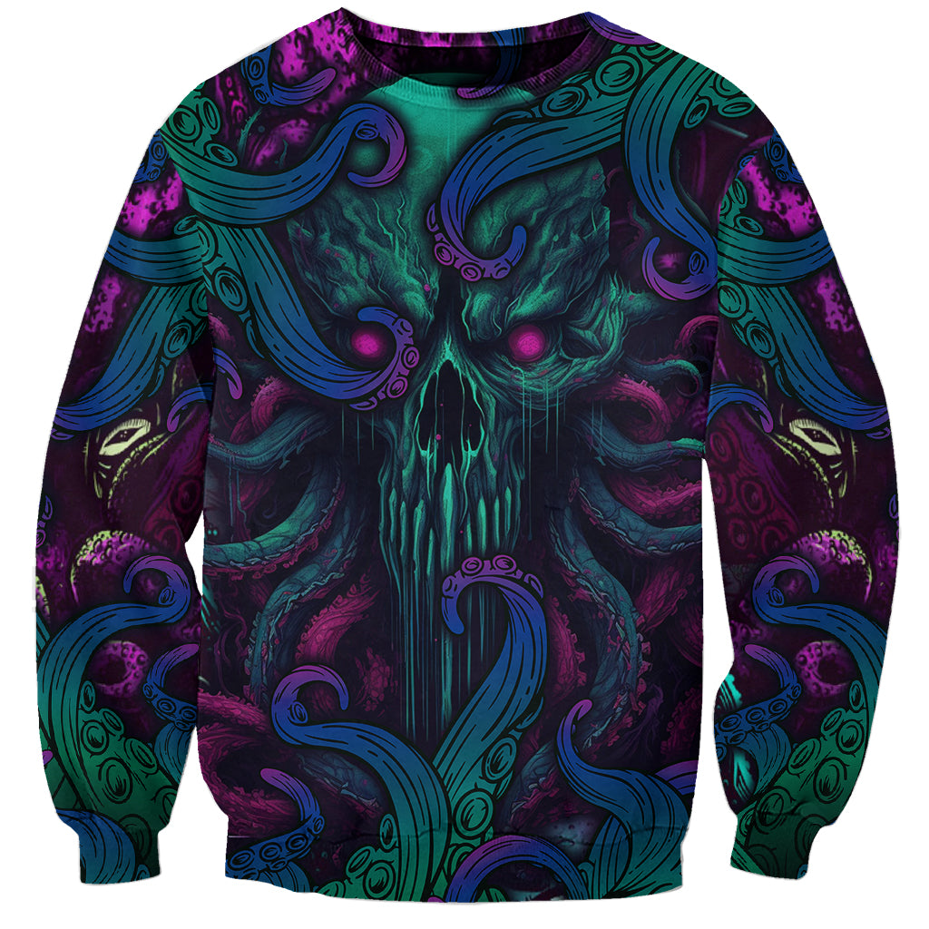 Unisex multicolor sweatshirt with teal and purple octopus monster artwork