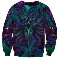 Unisex multicolor sweatshirt with teal and purple octopus monster artwork