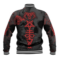 Black baseball jacket back with large red horror symbol, ribbed hem and striped collar