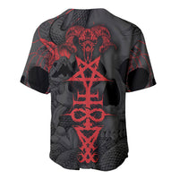 Black baseball jersey with red ram skull back graphic, button V-neck, short sleeves