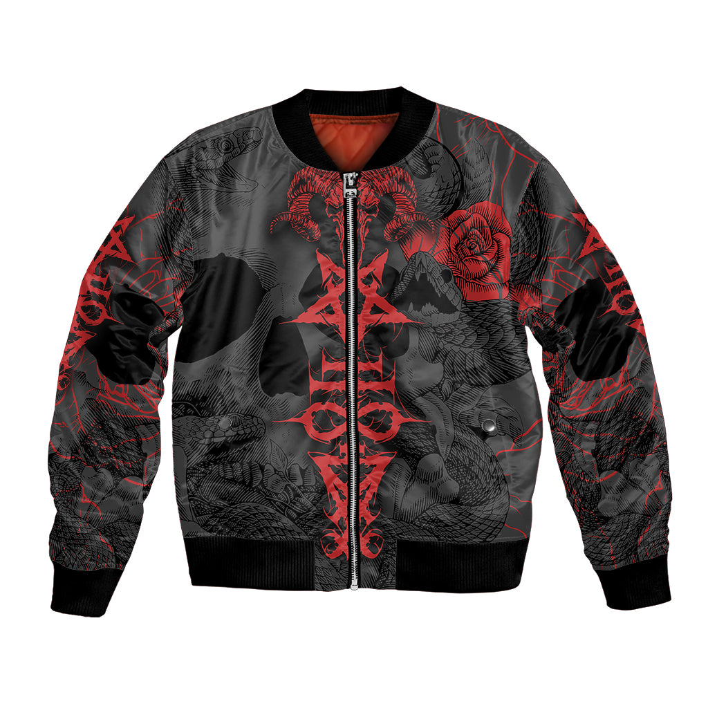 Black grunge bomber jacket with red zipper and skull demon graphic