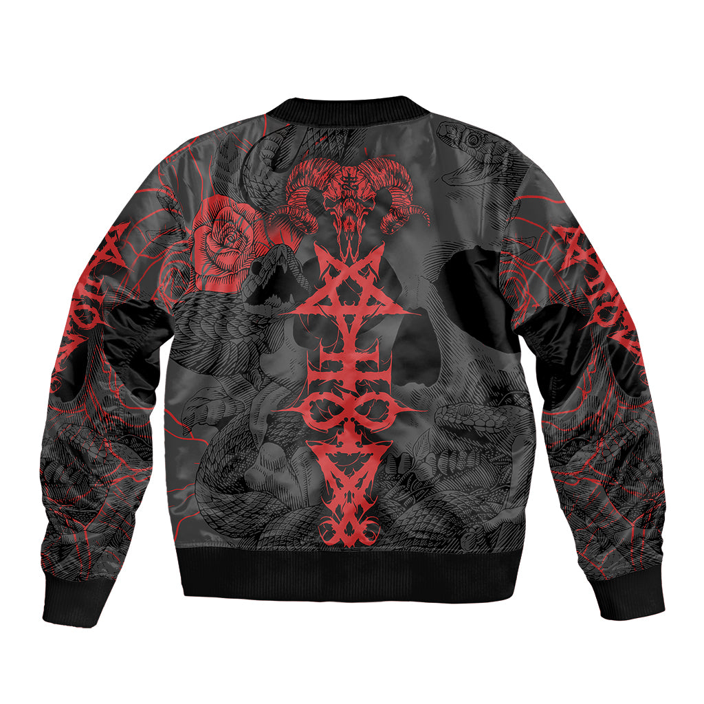 Black grunge bomber jacket back with red satan symbol and skull artwork