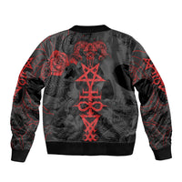 Black grunge bomber jacket back with red satan symbol and skull artwork